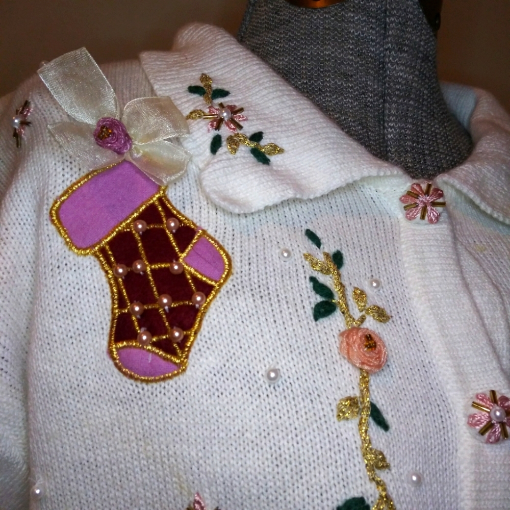 Vintage Pearl/Ribbon Trimmed Cottagecore Style "Ugly" Christmas Stocking Sweater - Picture 5 of 14